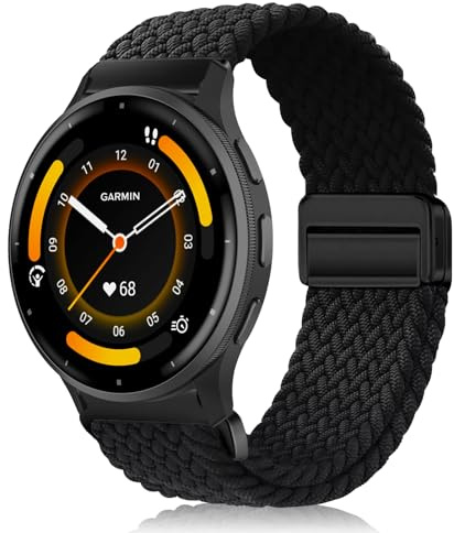 MokaZii 22mm Nylon Armband Kompatibel mit Garmin Venu 4 45mm /Venu 3/Forerunner 570 47mm/Venu 2/vivoactive 4/Active, Elastic Adjustable Sport Uhrenarmband für Garmin Forerunner 265/255 - Schwarz