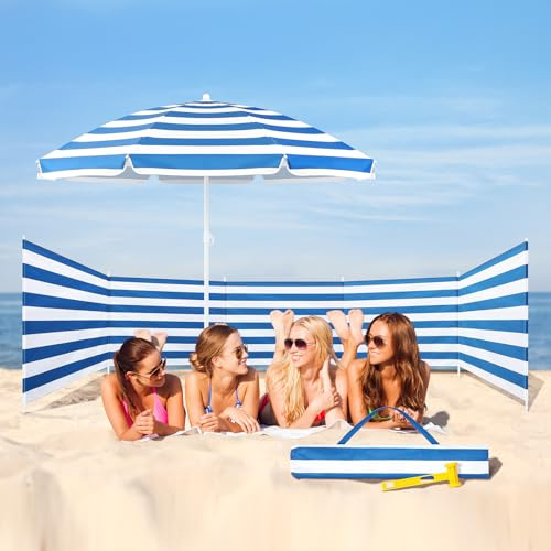 Sliner 20ft Long Beach Wind Screen with 5.5ft UV 50+ Beach Umbrella, Portable Wind Blocker Fence Windscreen Sunbathing Privacy Screen for Divert Winds Sand Outdoor, with Bag & Hammer(Blue and White)
