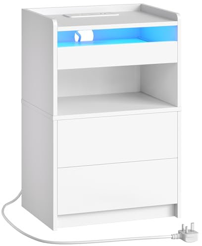 HOOBRO Bedside Table with Charging Station, End Table with 20-Color LED Lights, Nightstand with 1 AC Outlet, 2 USB Ports, 3 Drawers for Bedroom, Living Room, Study, Home Office, White EWT328KDBZ01