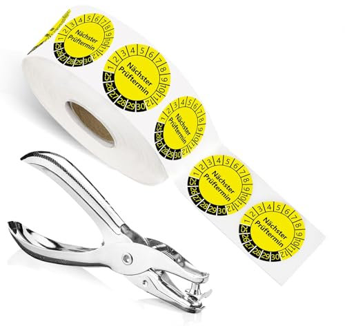 1000 Stück Nächster Prüftermin Prüfplaketten 1 Lochzange Prüfplakettenzange Rundloch 3MM Satz Einzellochstanze 2025-2030 GelbSelbstklebend Prüfaufkleber Lochzange für Prüfplaketten Elektro