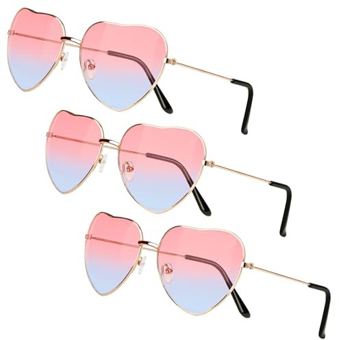 Dawumin 3 Paar Herz Party Brillen, Hippie Brille Damen, Herzbrille, Lustige Sonnenbrille, Retro Herzförmige Partybrille, für 60er 70er 80er 90er Jahre Party Accessoires (Oben rosa und unten blau)