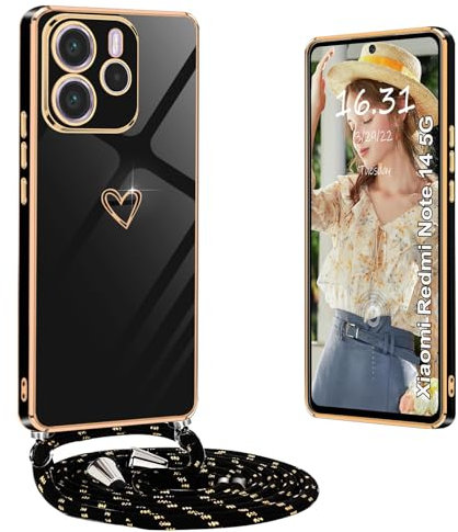Yutwo Coque pour Redmi Note 14 5G avec Cordon, Coque pour Xiaomi Redmi Note 14 5G avec Collier Housse avec Coeur Motif Antichoc Coque, Noir