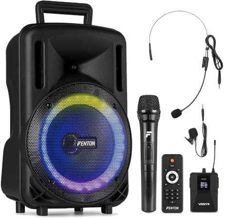 Fenton FT08LED MK2 8 Portable PA Speaker System with Wireless Handheld and Headset Microphones, LED Lighting, Bluetooth, USB and Battery Power (300W)