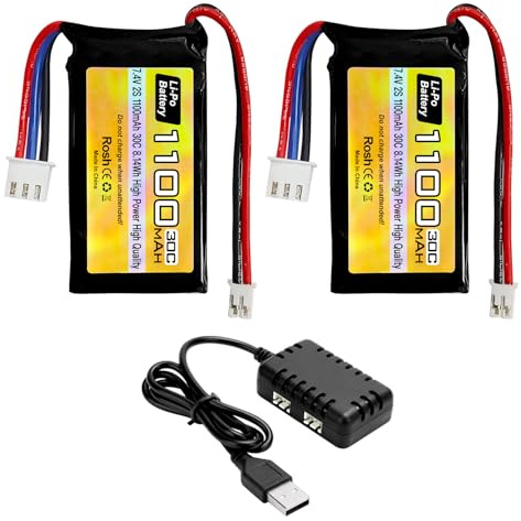 ZYGY 2PCS 7.4V Lipo 2S 30C 1100mAh Batterie mit PH2.0 Stecker + 1 Anhänger mit 2 Ladegeräten für SCX24 Spielzeug Auto kompatibel mit den meisten 1/10, 1/16, 1/18, 1/24 Verhältnisse