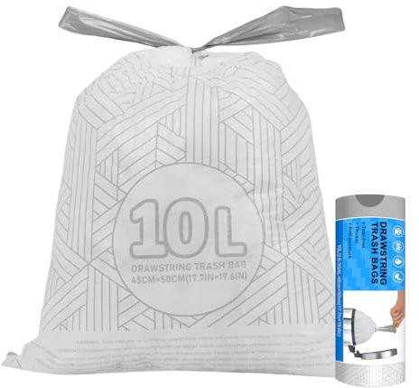 AOMKES 10L Bin Bags Small Drawstring Pedal Bin Liners, Easy Tear-Off Strong & Leak-Resistant Trash Bags for Bathroom, Bedroom, Office, Kitchen (White, 30 Count)