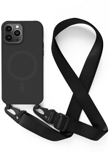 Handykette Hülle für iPhone 12 Pro Max(6.7) mit Band Halsband Lanyard (abnehmbar) Handyhülle, Verstellbarer Lanyard.Magnetisch Stoßfest Silikonhülle Wireless Charging kompatibel .-Schwarz