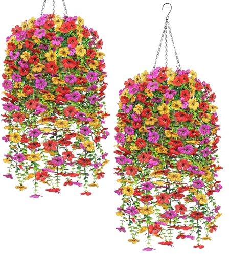 Dremisland Sommer Kunstblumen Hängend Orchidee Orange Künstliche Hängepflanzen für Draußen 2 Satz Sommer Künstliche Blumen Wie Echt Seidenblumen DIY Kette Hängende Korb Dekorationen für Garten