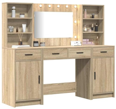 vidaXL Schminktischset mit LED 3 STK. Sonoma-Eiche Holzwerkstoff | Viel Platz für deine Sachen, modernes Aussehen, das in jeden Raum passt, Hergestellt aus hochwertigem Holzwerkstoff