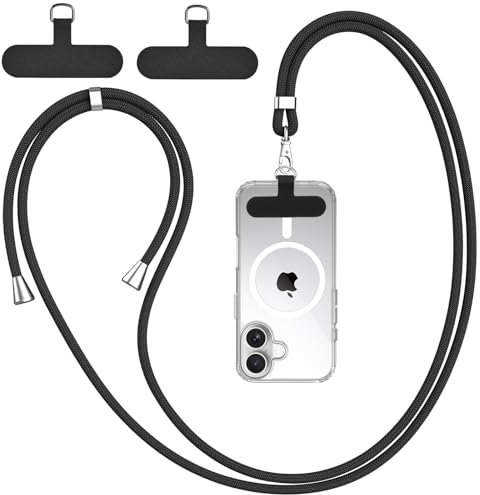 Wanme Cordon Telephone Portable avec 2 Patchs Noirs Durables, Lanière de Cou de Téléphone Portable, Réglable et Détachable, Compatible avec la Plupart des Coques de Téléphone