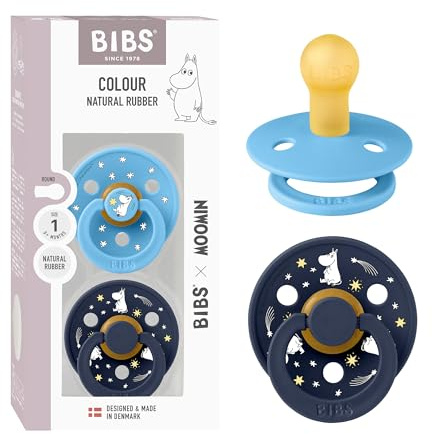 Moomin x BIBS Colour Dummy, 0-6 Months, 2-Pack, Round, Breeze/Deep Space | Round Natural Rubber Teat | Size 1 | BPA-Free | Made in Denmark | High Teat Acceptance | Airflow Holes | Comfort Shield