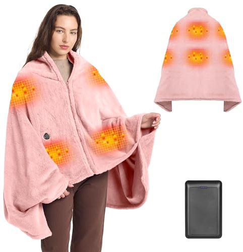 Moteoza 160x90cm Heizdecke Kabellose mit 16000 mAh Akku, Flanell Elektrische Wärmedecke mit 6-Zonen-Heizung, 3 Temperaturstufen, Waschbar Heizdecke zum Anziehen für Sofa, Büro, Auto, Camping(Rosa)