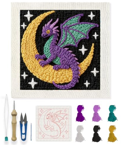 INFUNLY Mond Punchnadel Set für Anfänger Erwachsene Lila Drache DIY Punchnadel Stickerei Starter Set für Wandbehang Sterne Nadeln Sticken Kit mit Anleitung für DIY Basteln Geschenk Heimdekoration