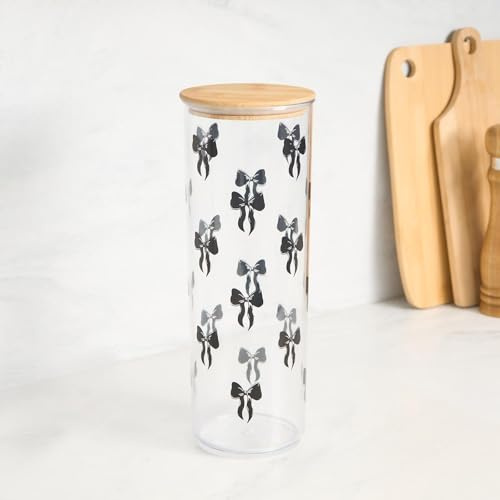 OHS Spaghetti Storage Jar Bows Print, Round Tall BPA Free Plastic Storage Jars with Lids Spaghetti Pasta Food Containers Kitchen Organisation for Cereal Flour, Black/Clear