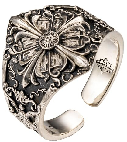 Bague rétro en Argent Sterling 925 avec Croix Fleur de lis, Bague Florale Baroque pour Hommes et Femmes, Ouverte, Taille réglable S/M/L