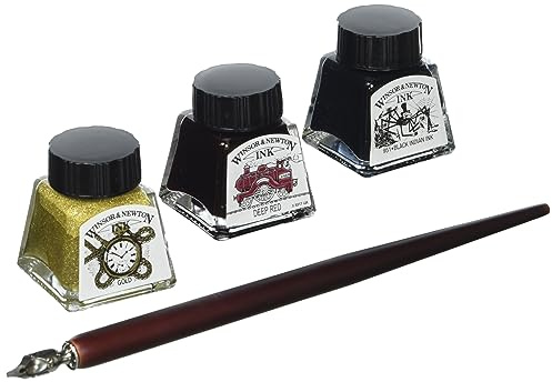 Winsor & Newton Tinta para Dibujo Drawing Ink- Set para caligrafía, Set completo 3 tintas de 14ml, 5 plumas, 1 porta plumas, 1 bloc y 1 folleto