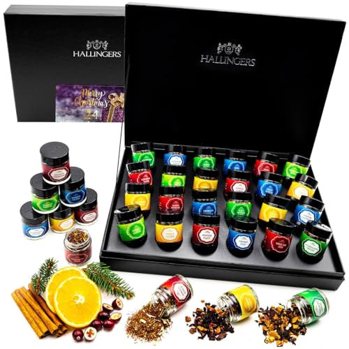 Hallingers Merry Christmas - 24 Sorten Tee Geschenkset zum Advent, vegan in Schraubgläsern (Set) - Geschenk im Sommer & als perfektes Grillgeschenk | Glückwunsch Glückwünsche Freundschaft Genesung