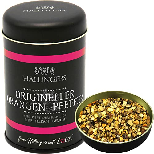 Hallingers Origineller Orangen-Pfeffer - Premium Pfeffer für Ente, Fleisch & Gemüse (Dose) - Geschenk im Sommer & als perfektes Grillgeschenk | Neues Zuhause Ruhestand Genesung