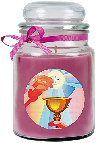 HS Candle Duftkerze im Bonbonglas zur Kommunion, Duft: Lavendel (Lila), 500g - Brenndauer bis zu 110 Stunden, Kerze aus Glas mit Duft