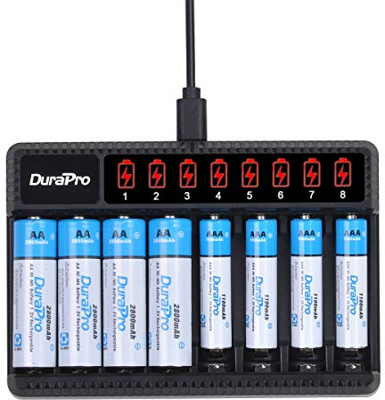 DuraPro 4X AA Akku NI-MH + 4X AAA Aufladbare Batterien mit 8-Slots LCD Schnell Akkuladegerät für AA, AAA, NI-MH, NI-Cd wiederaufladbare Batterien