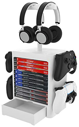 RIXOW Game Storage Tower Ständer für PS5, Vertikaler CD Game Disk Tower für 10 CD und 4 Controller und 2 Headset, CD Speicherhalter Disc Rack mit Schublade für PS5 PS4 Und Andere Spieletaschen