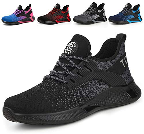 AONETIGER Sicherheitsschuhe Herren Damen Leicht Arbeitsschuhe Stahlkappe Sportlich Schutzschuhe Atmungsaktiv rutschfest Schuhe Sneaker(Größe 44,Schwarz)