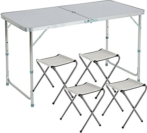 ZENO 4FT Folding Table with 4 Chairs | Camping Table | Adjustable Garden Table | Folding Table & Chairs | Aluminium Table | Great for BBQ Camping Outdoors | Includes 4 Stool Chairs