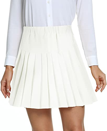 Damen Schule Stil Elastische High Taille Faltenrock A-Linie Kariert Tennis Mini Röcke mit Kurze Hosen(XXL, Weiß)