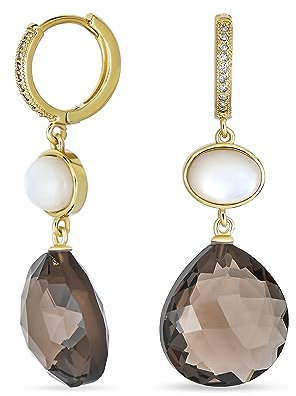 Elegante Party durchscheinende Edelstein-Mop-Perlmutt-Akzent-Briolette schokoladenbraune birnenförmige natürliche rauchige Quarz facettierte Tropfen Huggie Tropfen Ohrringe für Frauen 14K vergoldet