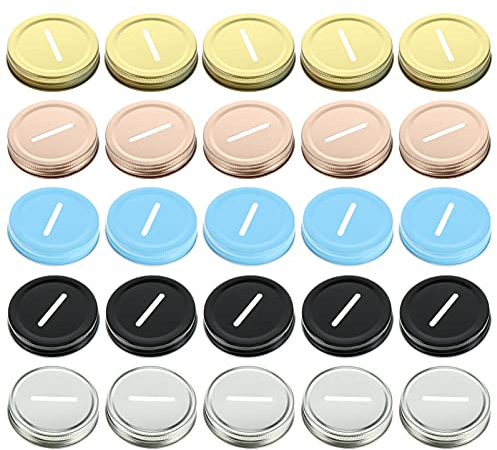 Didiseaon Glass Piggy Bank 25pcs Coin Slot Lids Tinplate Bank Lid Canning Jar Lids Inserts Metal Lids Piggy Bank Lids Caps Wide Mouth Pint for Regular Mouth Canning Jars 70mm Colored Glass Bottles