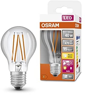 OSRAM Star+ LED-Lampe mit Tageslichtsensor für E27-Sockel, Filament-Optik ,Warmweiß (2700K), 470 Lumen, Ersatz für herkömmliche 40W-Leuchtmittel, nicht dimmbar, 4-er Pack