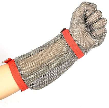 BCPPO Kettenhandschuh Langarm-Schnittschutzhandschuhe, Sicherheitsarbeitshandschuhe for Handwerker, Kettenhemd-Handschuhe aus Nylon-Armband und Metall (Color : Arm Length 22cm, Size : 1PCS/XXL)