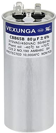 VEXUNGA Kondensator 80uF 80 MFD 370VAC 440VAC 450VAC 50/60Hz Runder AC Kondensatoren CBB65 für Klimaanlage Kompressor Motor Luft Wärmepumpe oder Lüftermotoren
