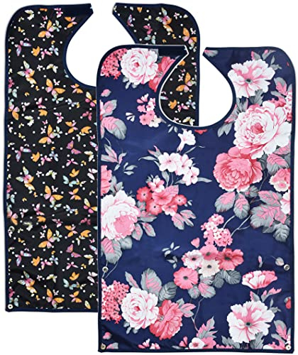 Celley Lätzchen für Erwachsene, zum Essen mit Krümelfänger, waschbar und wiederverwendbar, Kleidungsschoner für ältere Frauen, 2 Stück, blumenmuster, One size