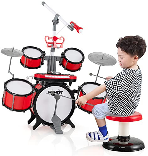GOPLUS Kinder Elektronische Schlagzeugset, Jazz-Schlagzeug mit Mikrofon, Percussion-Bücherregal, Trommelstöcke, Trommeln, Becken, Basispedal & Trommelhocker, Musikinstrument für Kinder ab 3 Jahre
