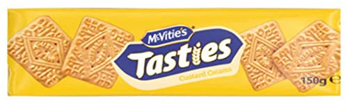 McVitie's Tasties Custard Creams 12x150g Sandwich biscuits with vanilla flavour cream filling.Custard Cream Biscuits