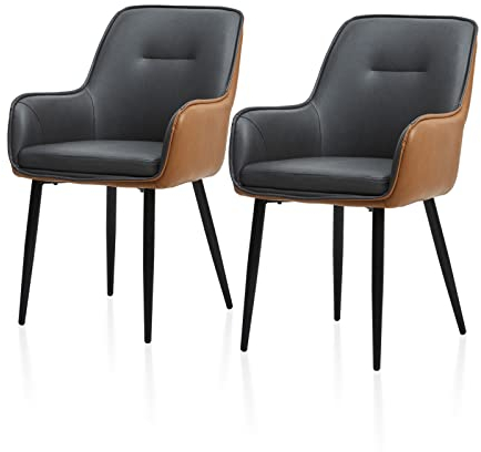 TUKAILAI Esszimmerstühle 2er Set Kunstleder,Küchenstuhl Polsterstuhl Armlehnstuhl mit Armlehne,Rückenlehne,Gepolstertes Sitz,Metallbeinen,Moderner Sessel in zweifarbigem Design,Esszimmer, Grau&Braun