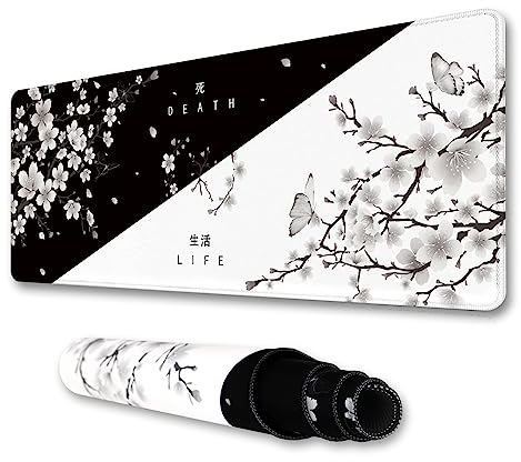 IF FEEL Tapis de Souris Motif Fleurs de Cerisier Noir et Blanc, Tapis de Souris Yin et Yang, Grand sous-Main de Bureau XL, Tapis de Souris Sakura Japonais étendu, Tapis de Clavier imperméable et
