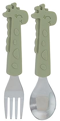 Nuby Animal Friends Silicone and Stainless Steel Fork and Spoon Set - 12+ Months - Green Giraffe