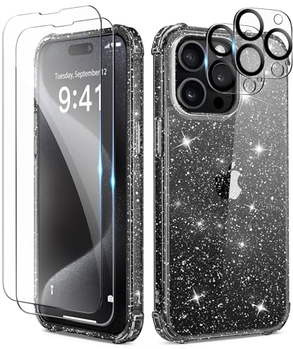 TIESZEN Compatible with iphone 15 Pro Max Case Clear Glitter, [5 in 1] with 2X Screen Protector + 2X Camera Lens Protect, Cute Bling Military Grade Shockproof Slim Phone Case 6.7 Inch, Shiny Black