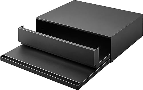 Yamazaki 2008 TOWER Sliding Countertop Tray with Drawer, black, Steel/Polypropylene/Silicone, 45 x 39.3~64 x 13.5 cm
