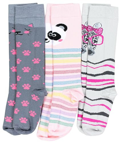 TupTam Mädchen Knielange Socken Gemustert 3er Pack, Farbe: 3er Pack Panda Rosa Katze Grau Zebra Pink, Socken Größe: 23-26