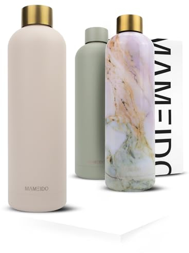MAMEIDO Trinkflasche Edelstahl 1l, auslaufsichere Thermosflasche, Kohlensäure geeignet, BPA frei, Isolierflasche 12h heiß & 24h kalt (Ivory Beige Gold, 1000ml)