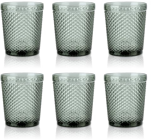 Joeyan 300ml Grau Trinkgläser Set von 6,Bunt Wassergläser Set mit Diamant Relief,Vintage Gläser Set for Zuhause Restaurant Bar,Spülmaschinenfest
