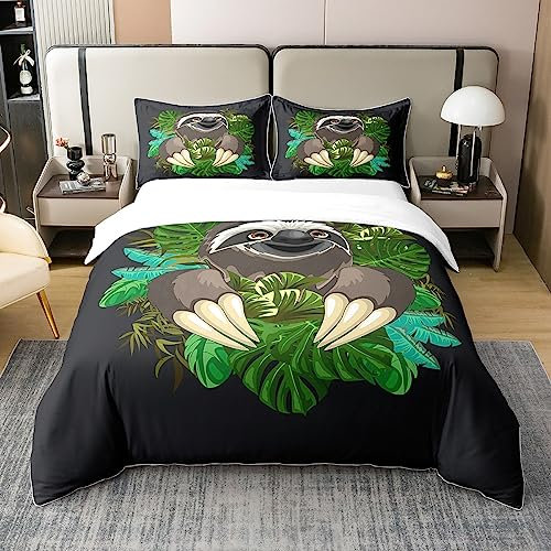 Loussiesd Süße Faultier Dekorative 100% Baumwolle Bettwäsche Set, weiche Kawaii Tier Quadrat Bettwäsche Schlafzimmer, Cartoon Faultier Palm Leaf Grün Bettbezug Set 135x200cm ES