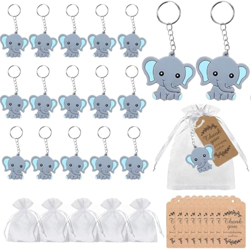 RXKFIGX 30 Stücke Gastgeschenke Taufe Elefanten-Schlüsselanhänger + Organza Beutel + Kraftpapier Anhänger Tier Anhänger Thank You Danke Geschenke für Boy Girl Kid Birthday Party Supply Hochzeit Taufe