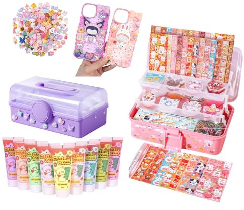 LEILA'S CHOICE DIY Decoden Whipped Cream Glue Kit with Resin and Slime Stickers Charms, Cute 3D DIY Keychain, Phone Case, Card Holder, Scrapbooking, Crafting Embellishment Set (Pink XL Value Set)