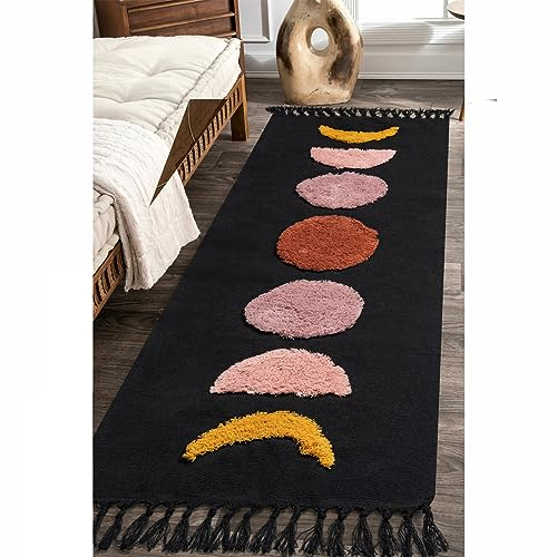 LINROMIA Teppich Läufer Flur 60x130 cm, Boho Schwarz Mond Getuftet Baumwollteppich mit Gewebt Quasten, Waschbarer Teppich für Badezimmer Küche Wohnzimmer Schlafzimmer Flur Esszimmer