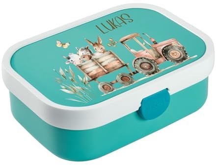 wolga-kreativ Mepal Campus Brotdose Kinder mit Fächern - Personalisierte Lunchbox mit Namen für Schule, Kindergarten und Einschulung - Motiv Bauernhof - Brotbüchse mit Unterteilung Kinder