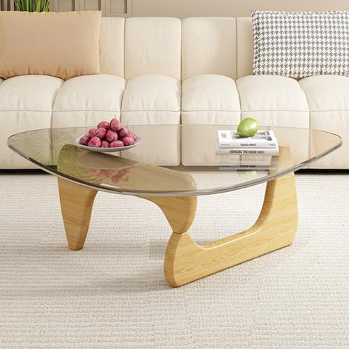 Couchtisch aus Glas Dreieckiger, Vintage-Beistelltisch aus schwarzem Glas, Tischplatte aus massivem Holz, moderner Beistelltisch für Wohnzimmer,Log Legs+c,83×57×40cm
