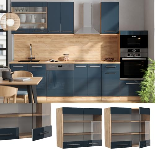 Vicco Küchenglasschrank Fame-Line, Dunkelblau Hochglanz/Goldkraft Eiche, 80 cm